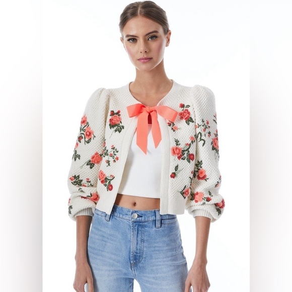 ALICE + OLIVIA Kitty Floral Embroidered Puff Sleeve Wool Cardigan Size Med NWT - Picture 1 of 11